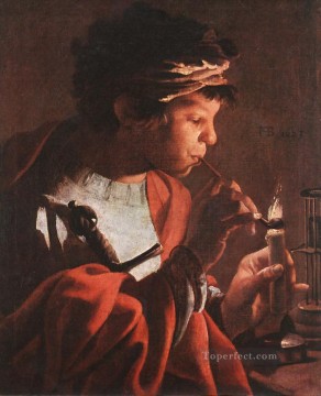 ヘンドリック・テル・ブリュッヘン Painting - パイプに照明を当てる少年 オランダの画家 ヘンドリック・テル・ブリュッヘン